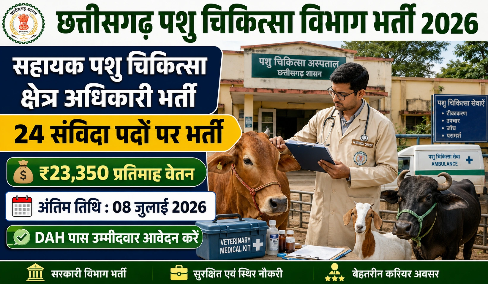 CG Veterinary Department Jobs 2026: सहायक पशु चिकित्सा क्षेत्र अधिकारी के 24 संविदा पदों पर बंपर भर्ती